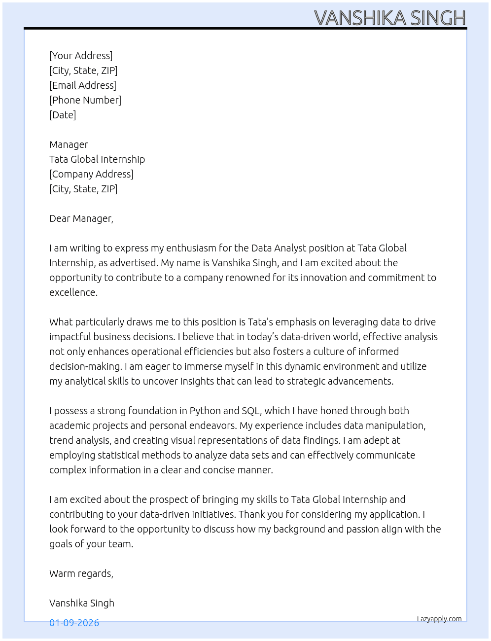 data Analyst At Tata Global Internship Cover Letter