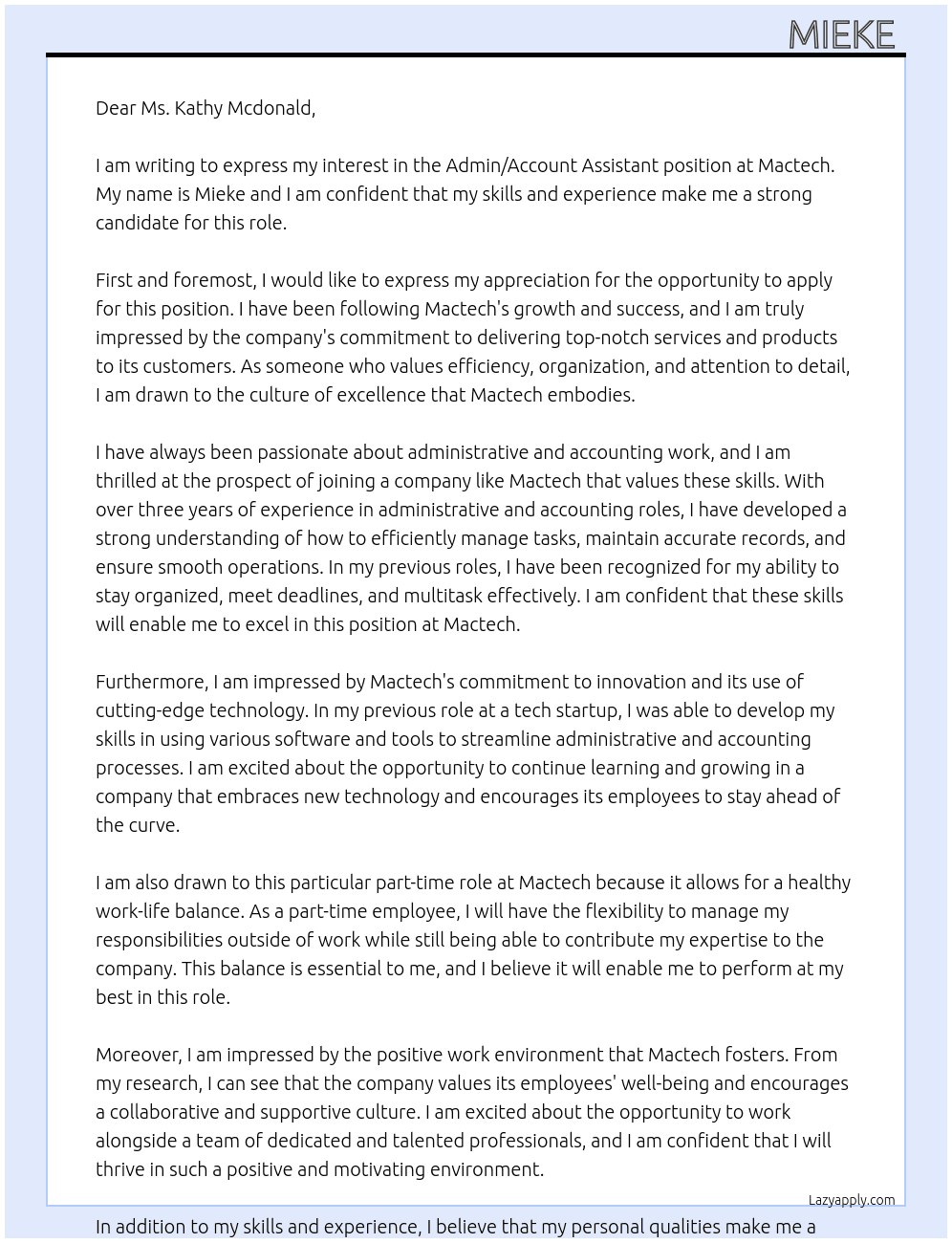 Admin/Account assistant  At Mactech Cover Letter