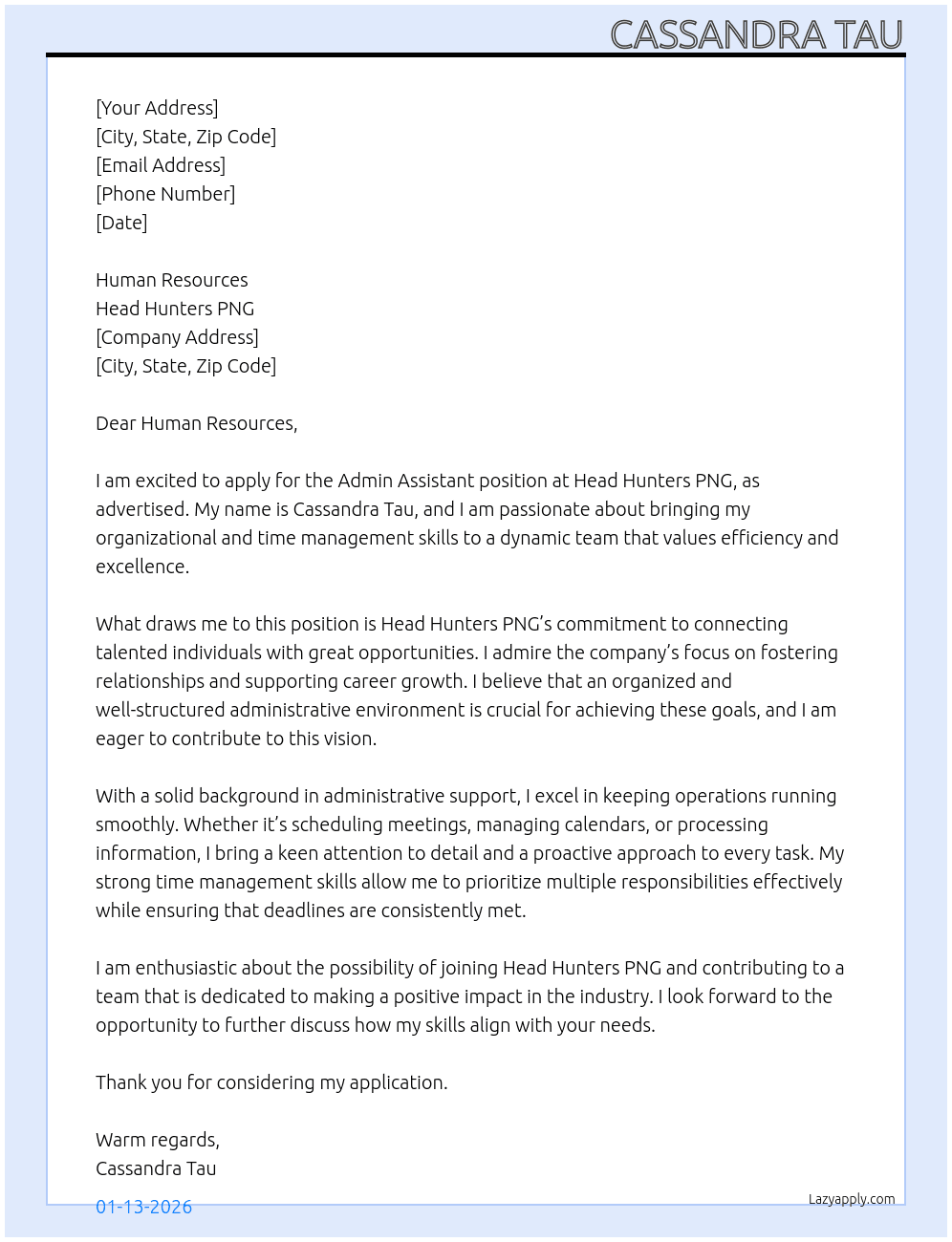 Admin Assistant At Head Hunters PNG Cover Letter