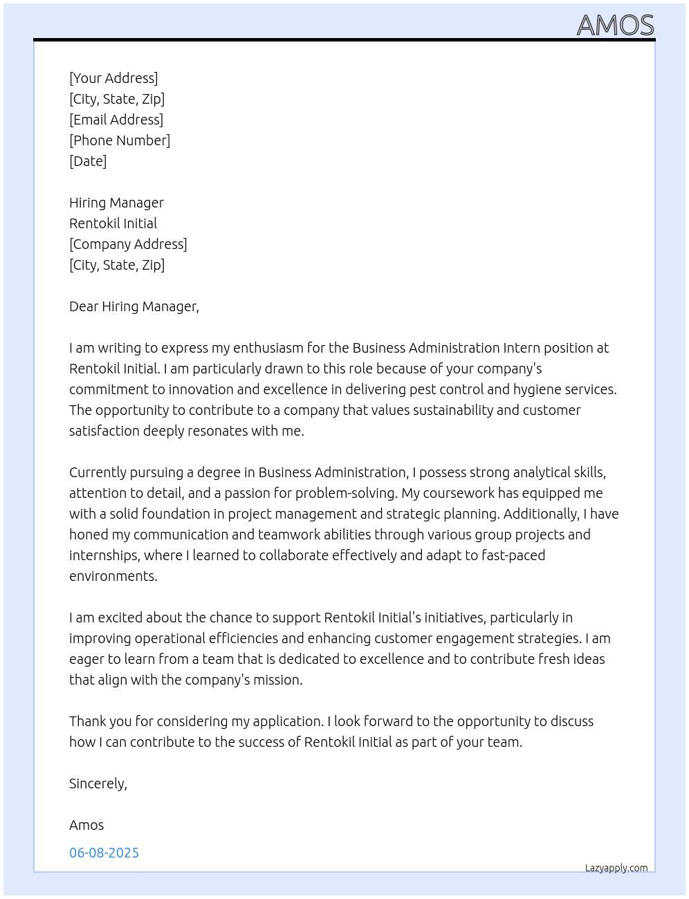 Business Administration Intern At rentokil initial Cover Letter