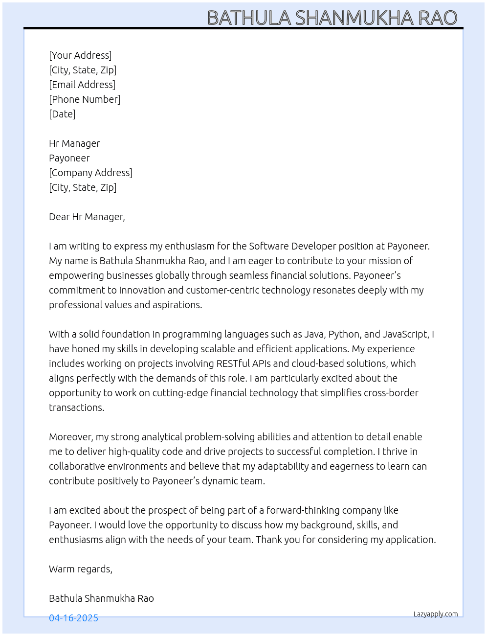 Software Developer  At Payoneer Cover Letter