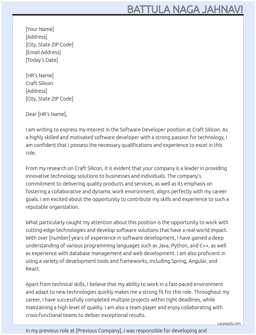 Software Developer At Craft Silicon Cover Letter