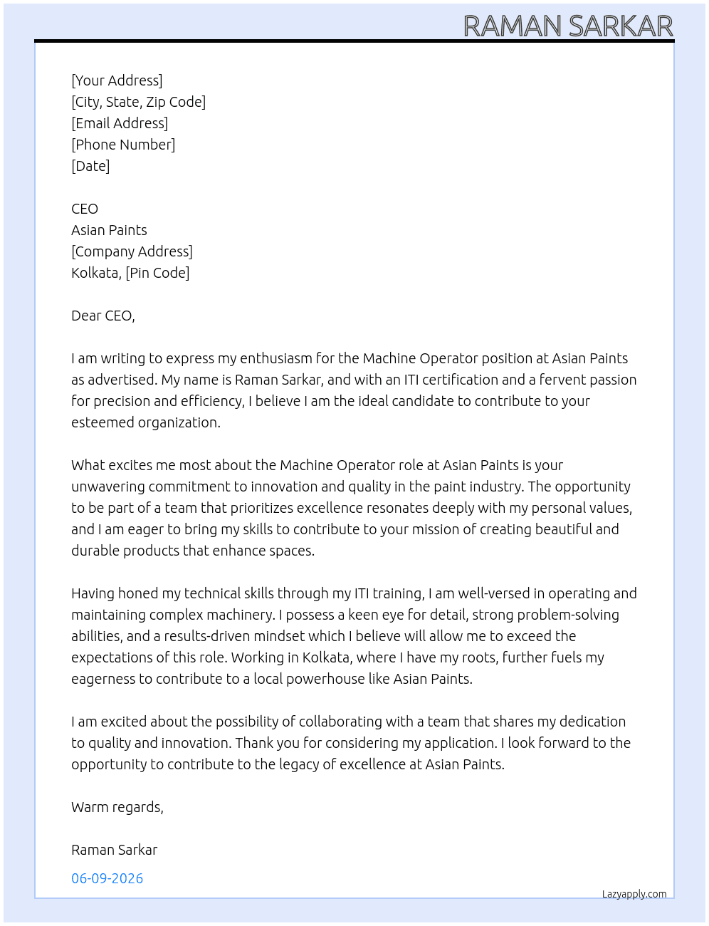 Machine operator  At AsianPaints Cover Letter
