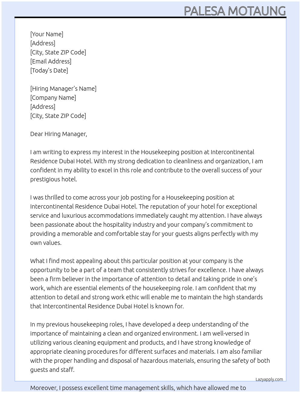 Housekeeping  At Intercontinental residence dubai hotel Cover Letter