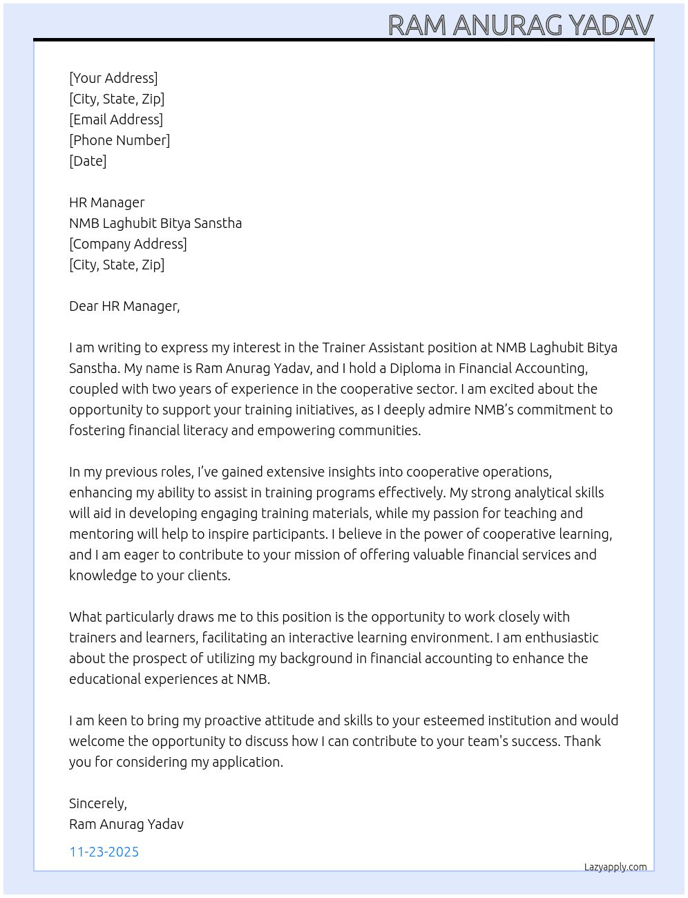 Trainer assistant  At NMB laghubit bitya sanstha  Cover Letter
