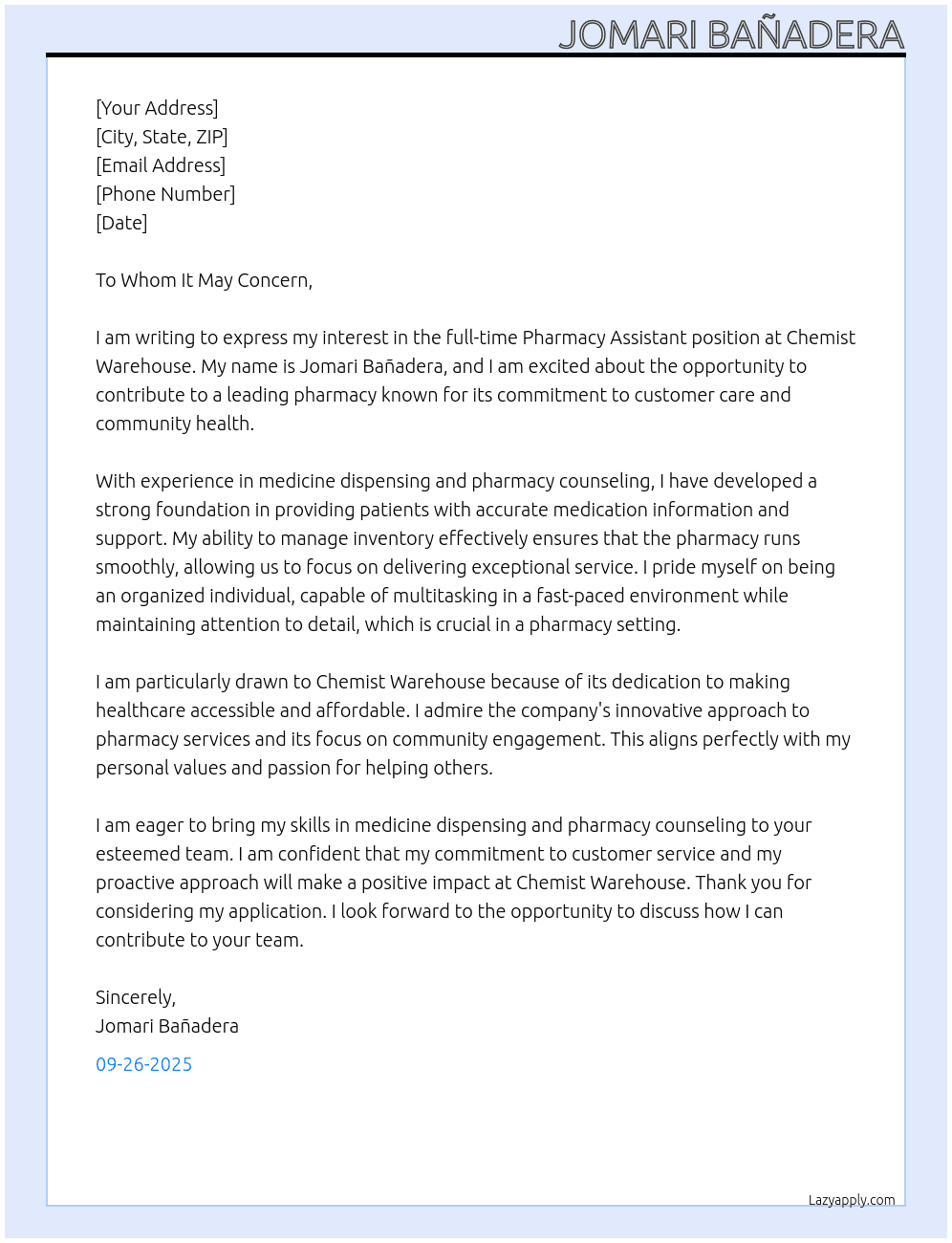 Pharmacy Assistant At Chemist Warehouse Cover Letter