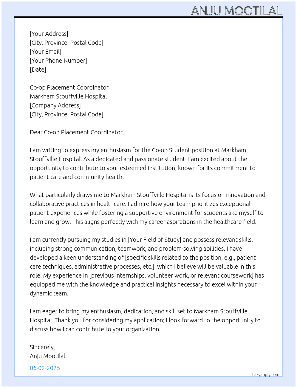 co-op student At Markham Stouffville Hospital Cover Letter