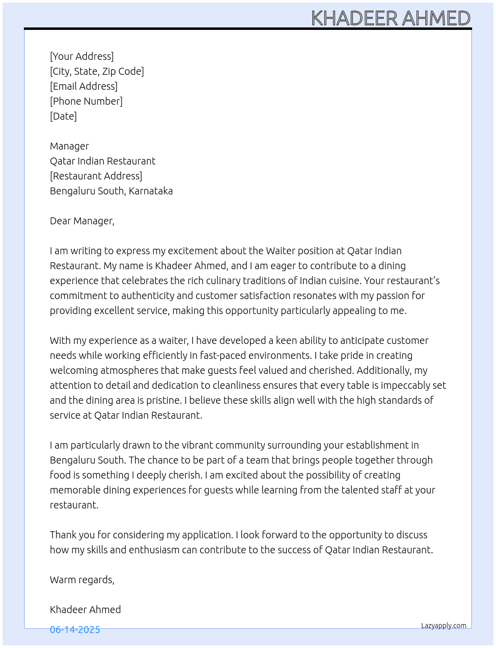 Waiter At Qatar Indian Restaurant Cover Letter