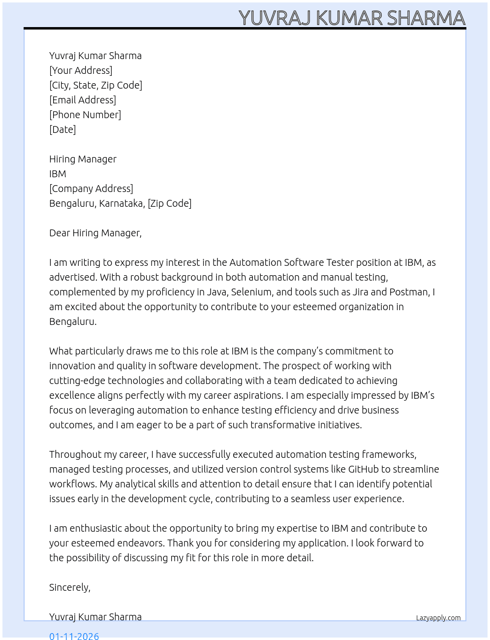 Automation Softer tester At IBM Cover Letter