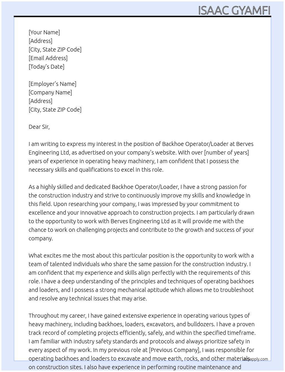 Backhole operator/loader At Berves engineering Ltd Cover Letter