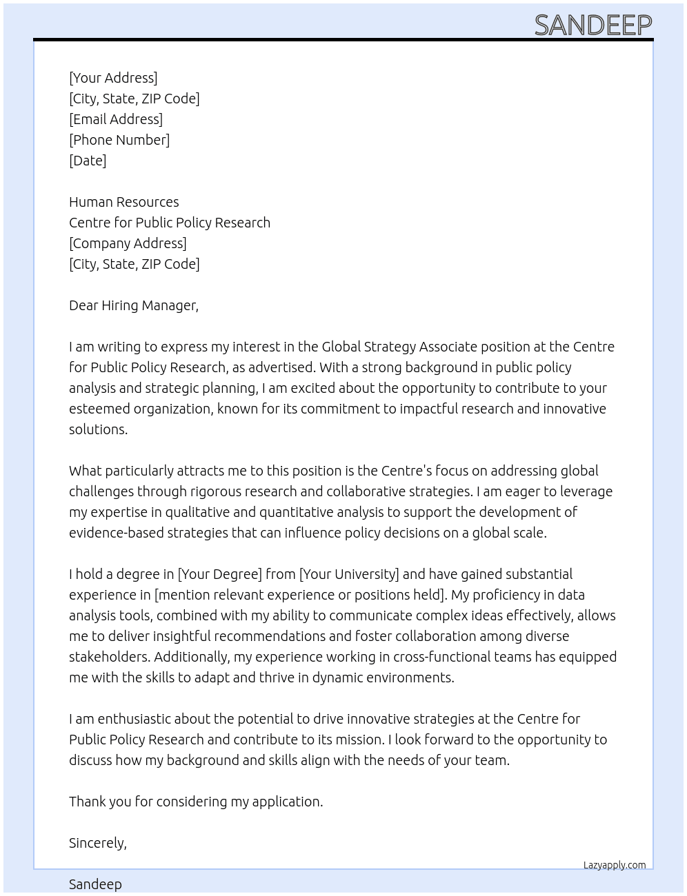 Global Strategy Associate At Centre for Public Policy Research Cover Letter