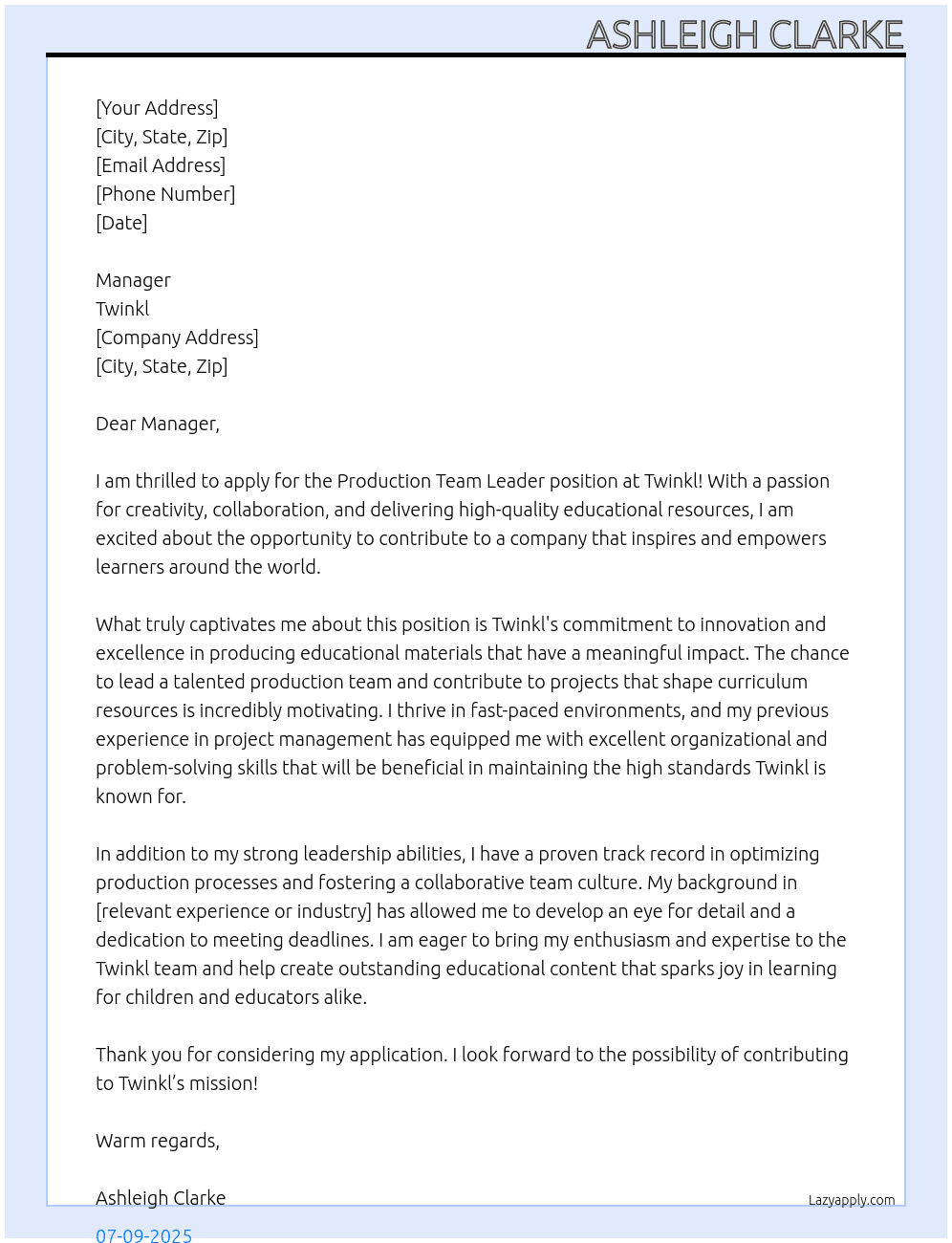 Production Team Leader At Twinkl Cover Letter