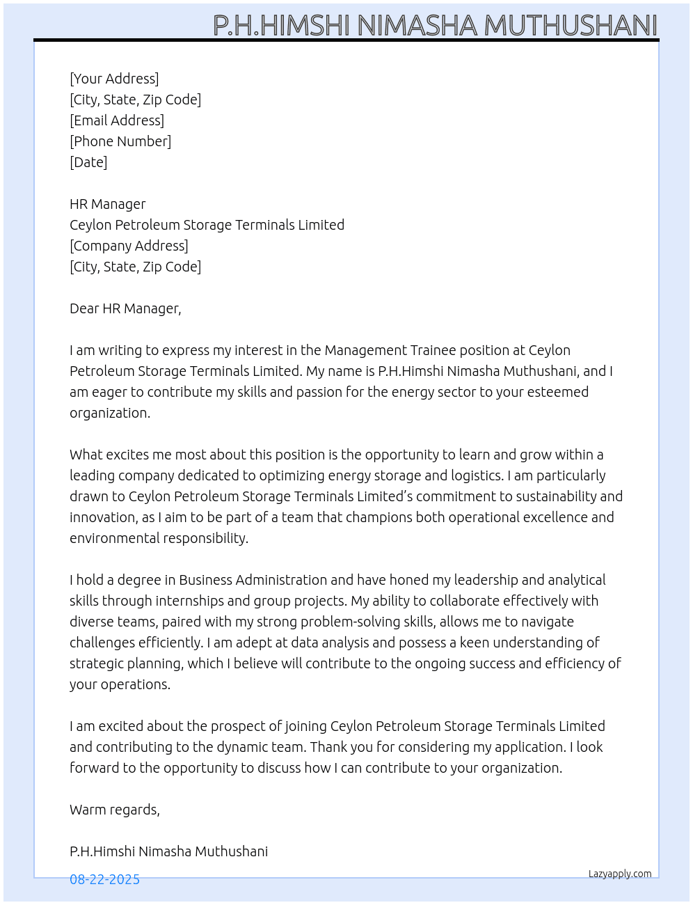Management trainee At Ceylon Petroleum Storage Terminals Limited Cover Letter
