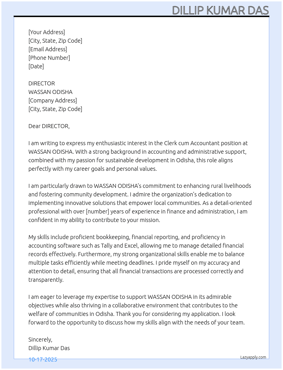 Ceark cum Accountant At WASSAN ODISHA Cover Letter