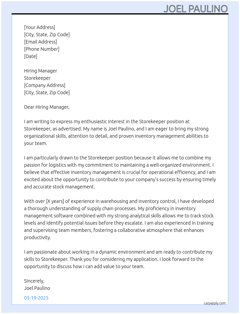 Storekeeper At Storekeeper Cover Letter