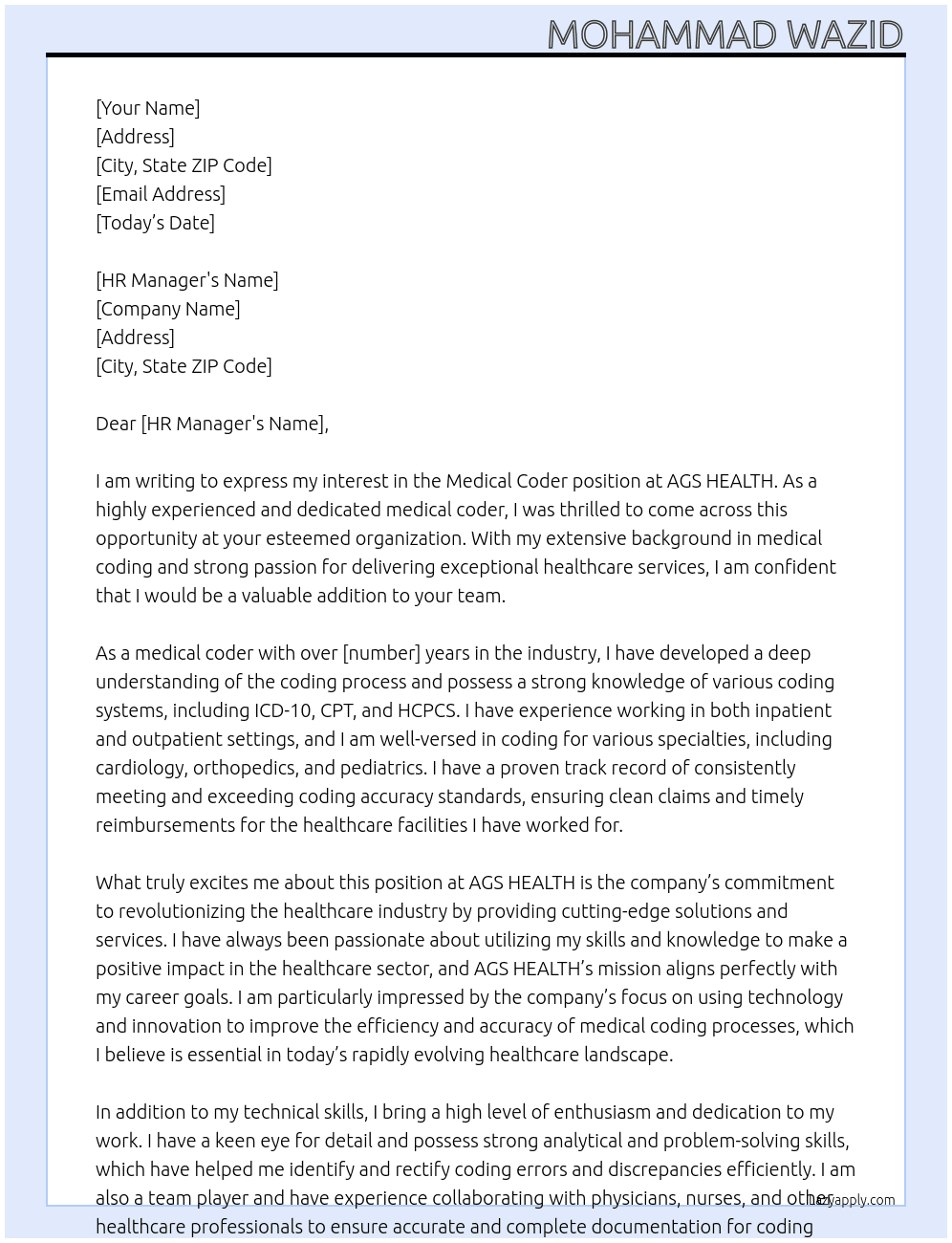 Medical coder At AGS HEALTH Cover Letter