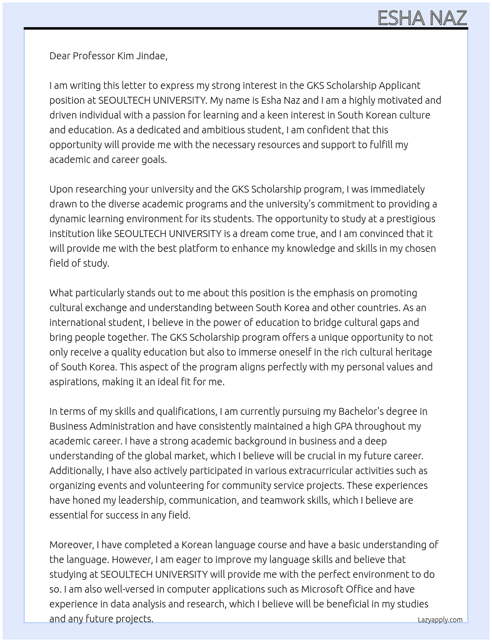 GKS Scholarship Applicant At SEOULTECH UNIVERSITY Cover Letter