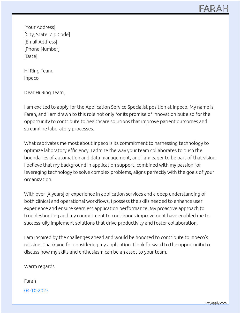 Application service specialist At Inpeco  Cover Letter