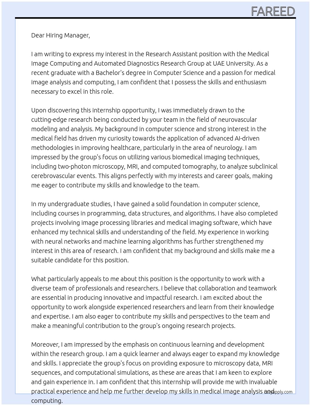 Research Assistant At UAE University Cover Letter