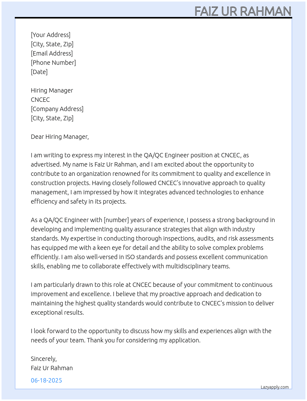 QA/QC Engineer At CNCEC Cover Letter