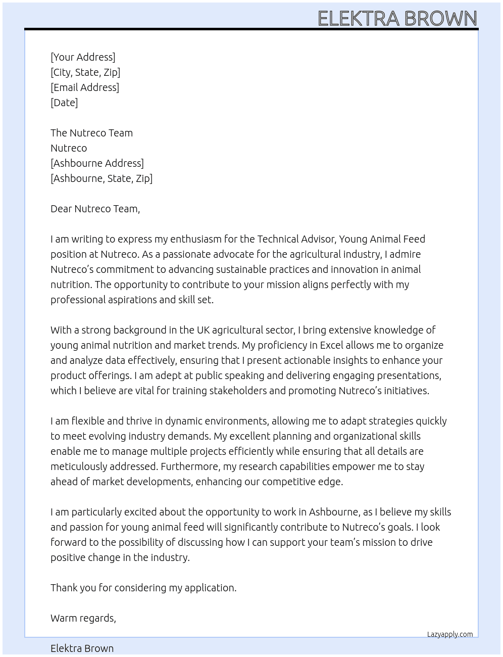 Technical Advisor Young Animal Feed At Nutreco Cover Letter