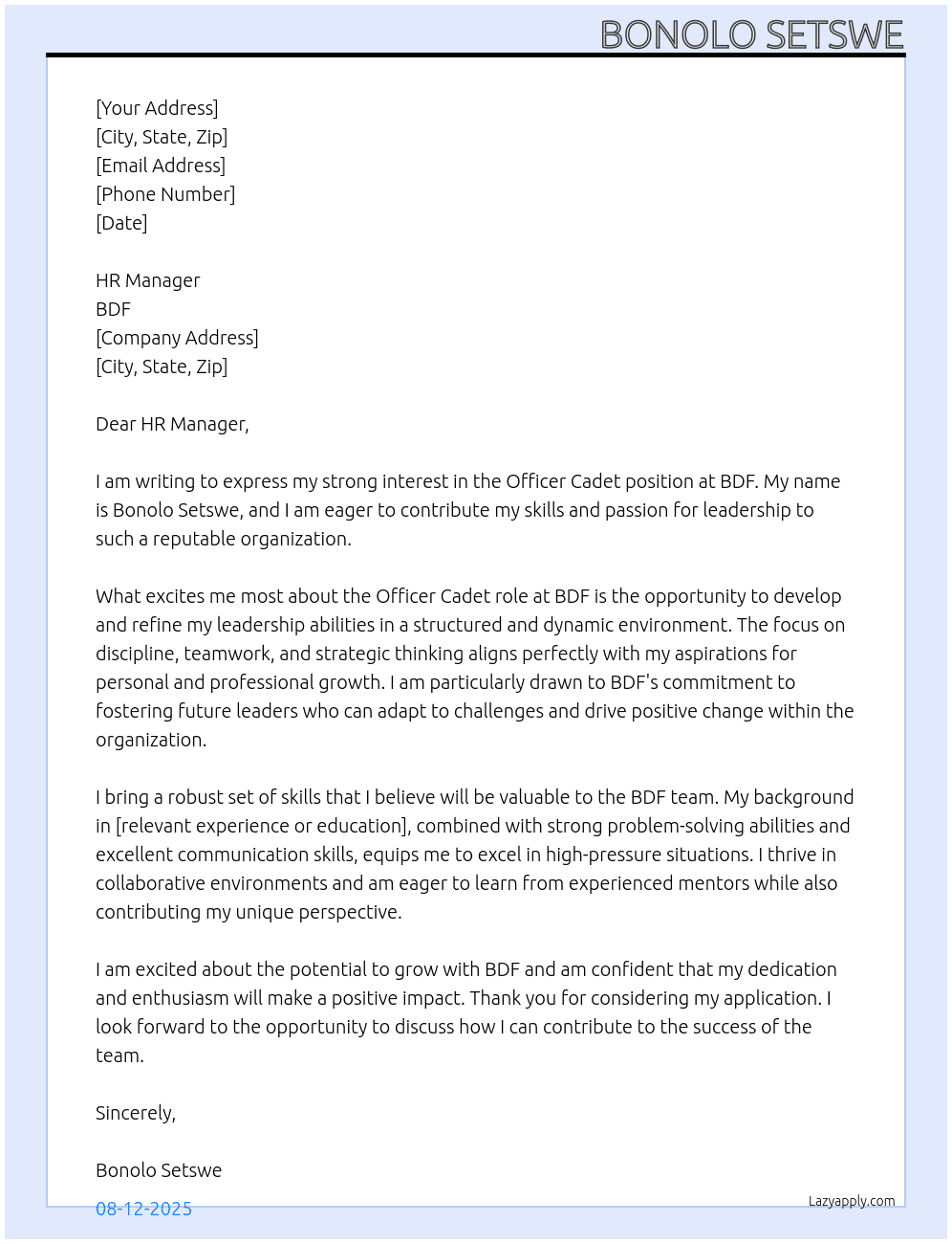 officer cadet At bdf Cover Letter