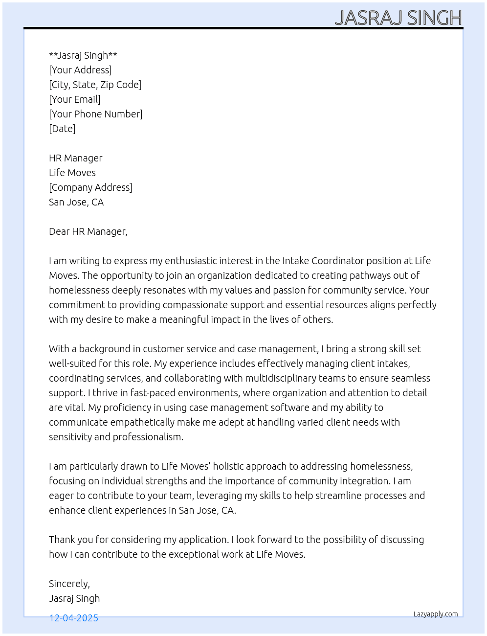 Intake Coordinator At Life Moves Cover Letter