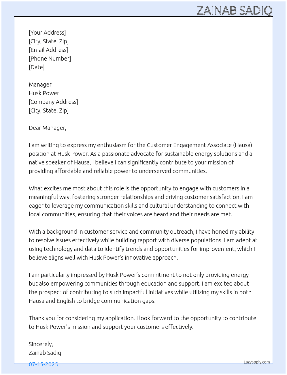 Customer Engagement Associate - (Hausa) At Husk Power Cover Letter