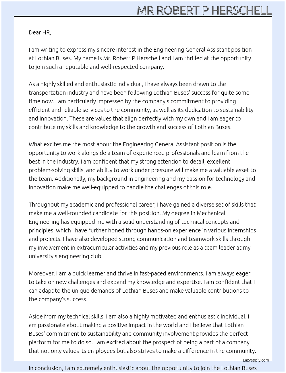 Cover letter for engineering general assistant - LazyApply
