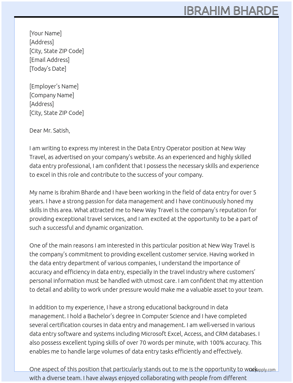 Data entry operator At New way travel Cover Letter