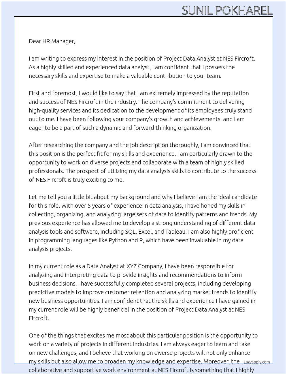 Cover letter for project data analyst - LazyApply