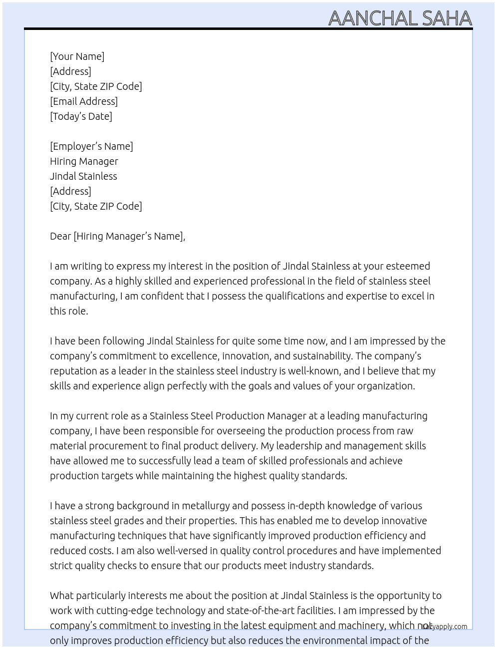 Cover letter for jindal stainless - LazyApply