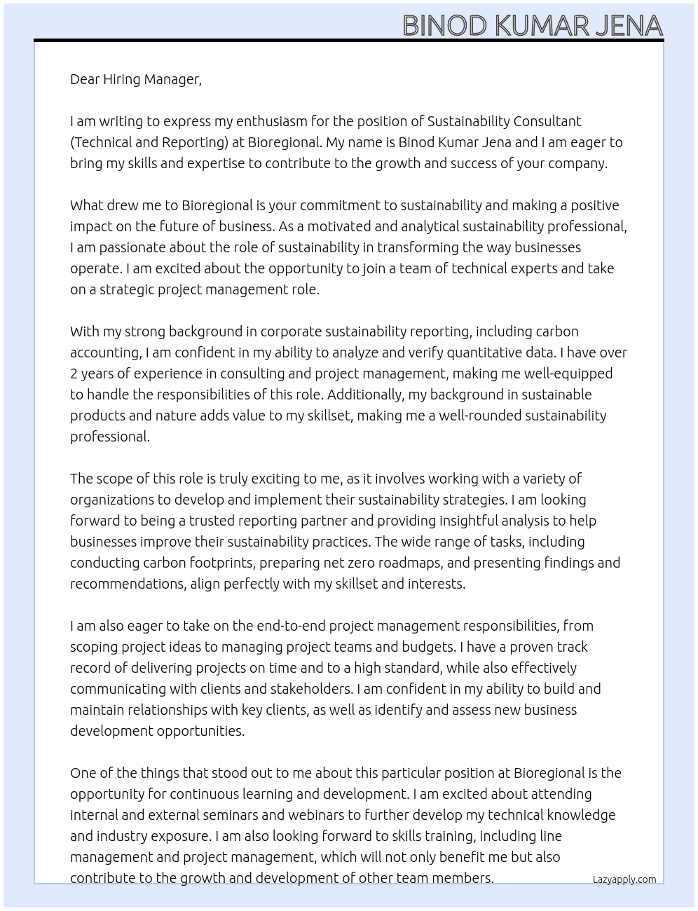 Sustainability Consultant (Technical and Reporting) At Bioregional Cover Letter