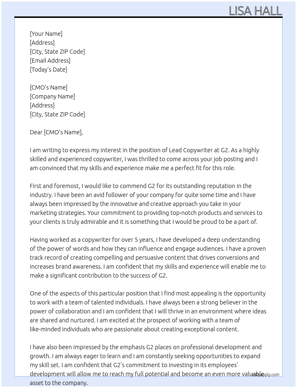 Cover letter for lead copywriter - LazyApply