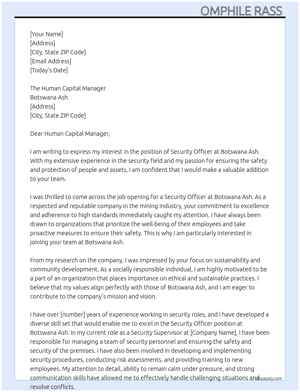 Security Officer  At Botswana Ash Cover Letter