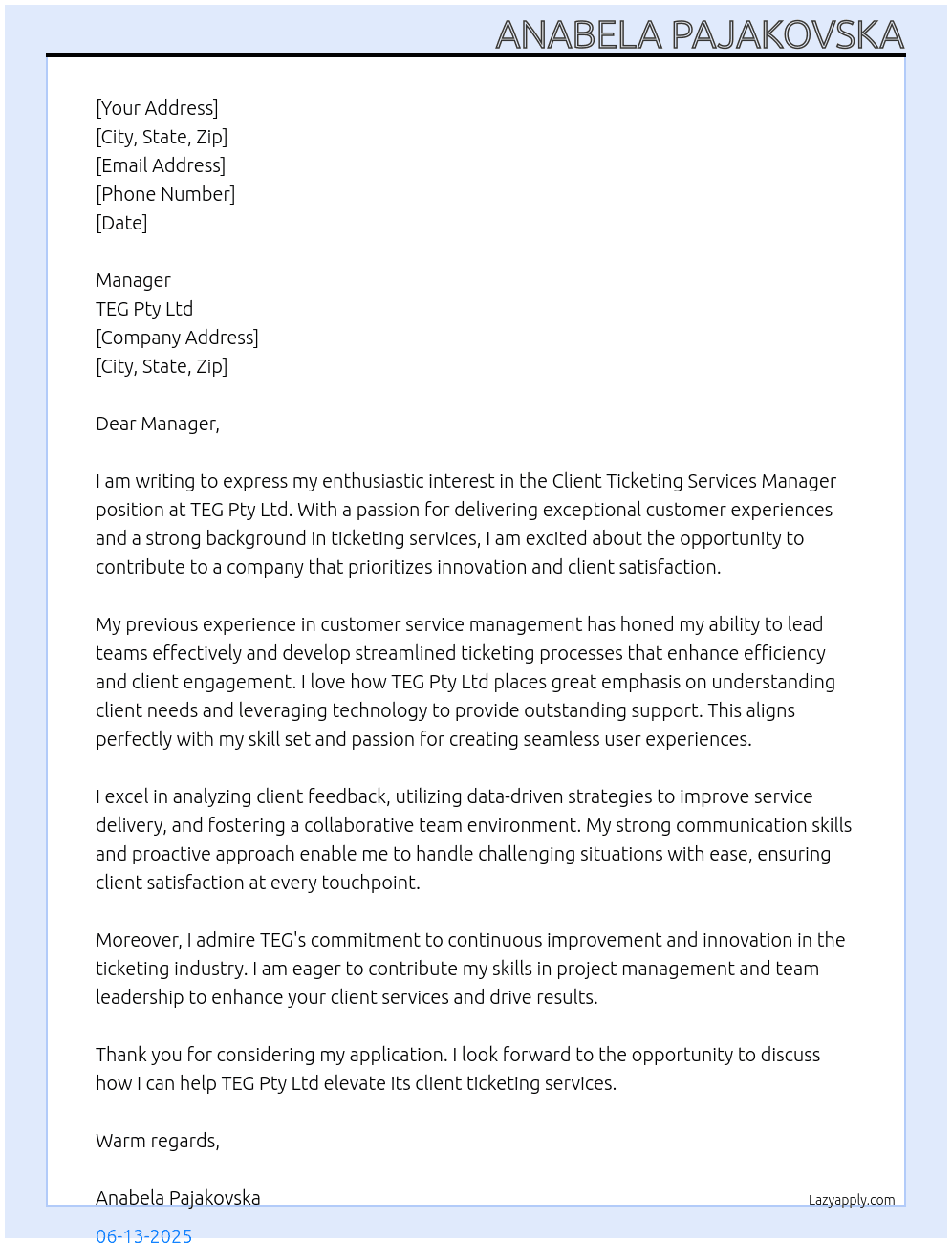 Cover letter for client ticketing services manager - LazyApply