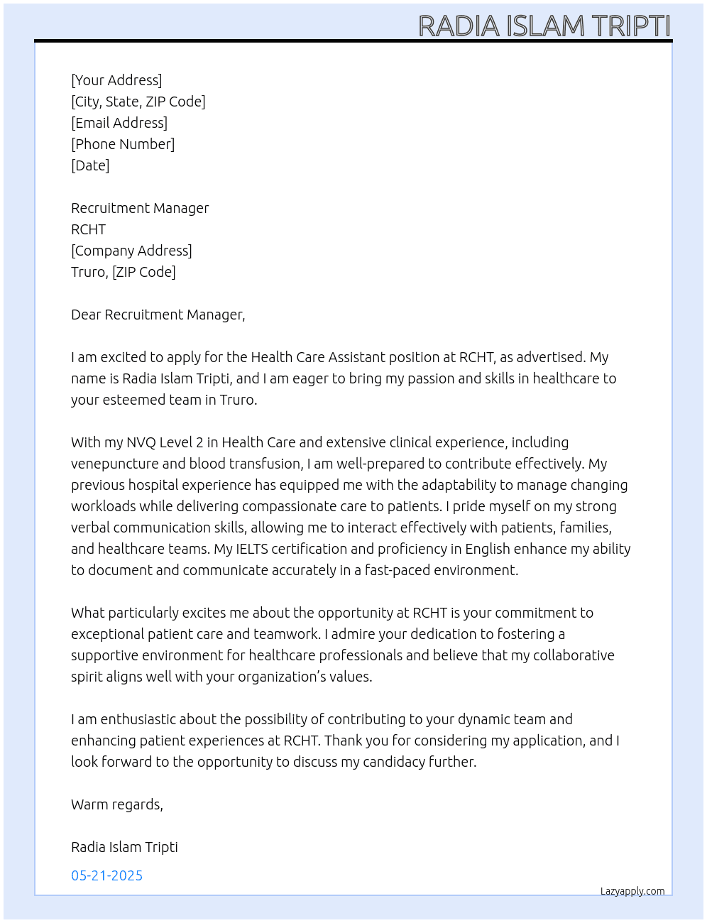 Health care assistant  At RCHT Cover Letter
