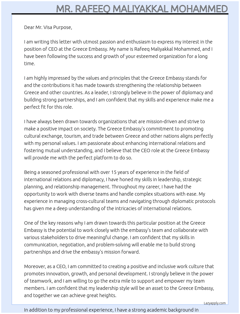 CEO At GREECE EMBASSY Cover Letter