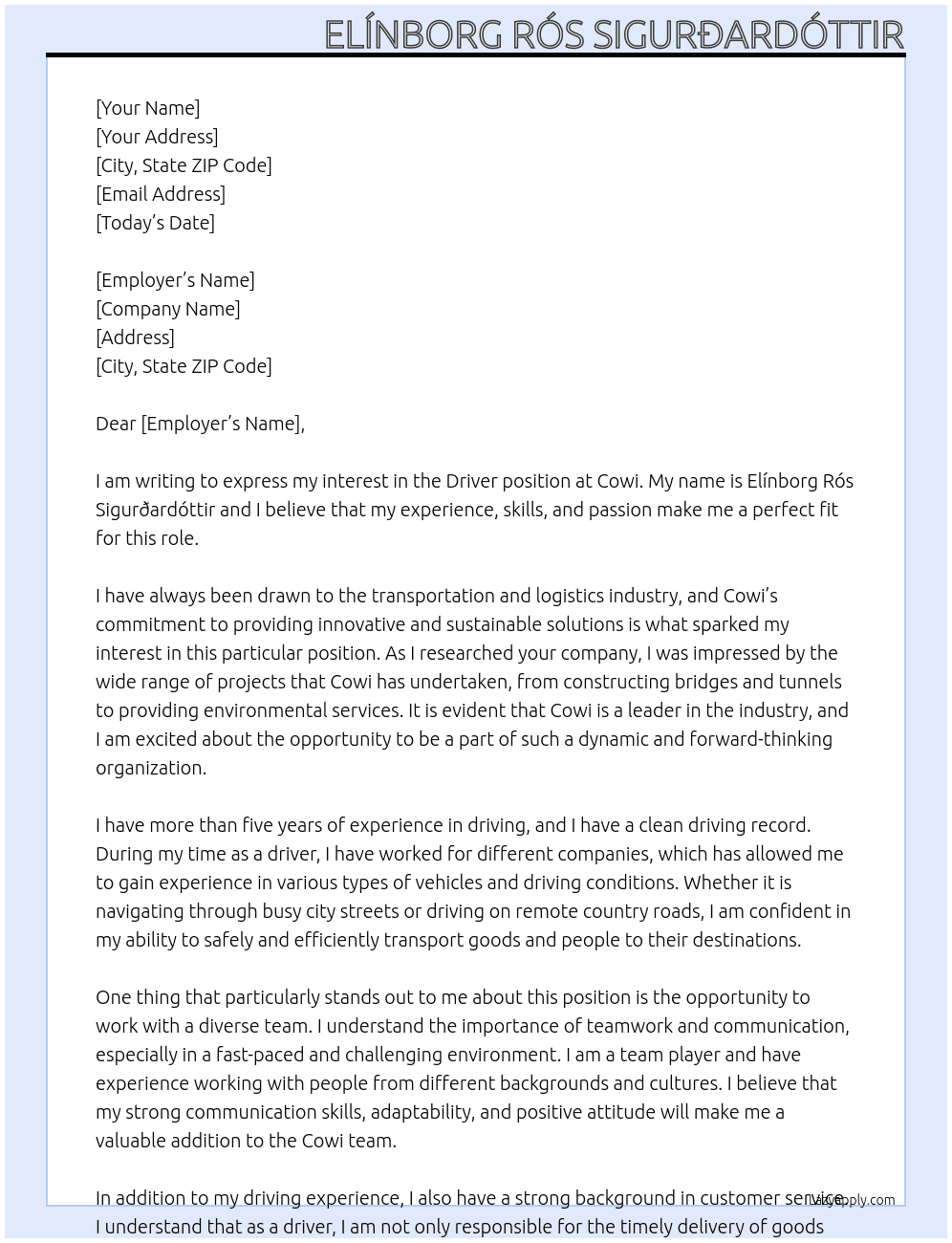 driver At Cowi Cover Letter