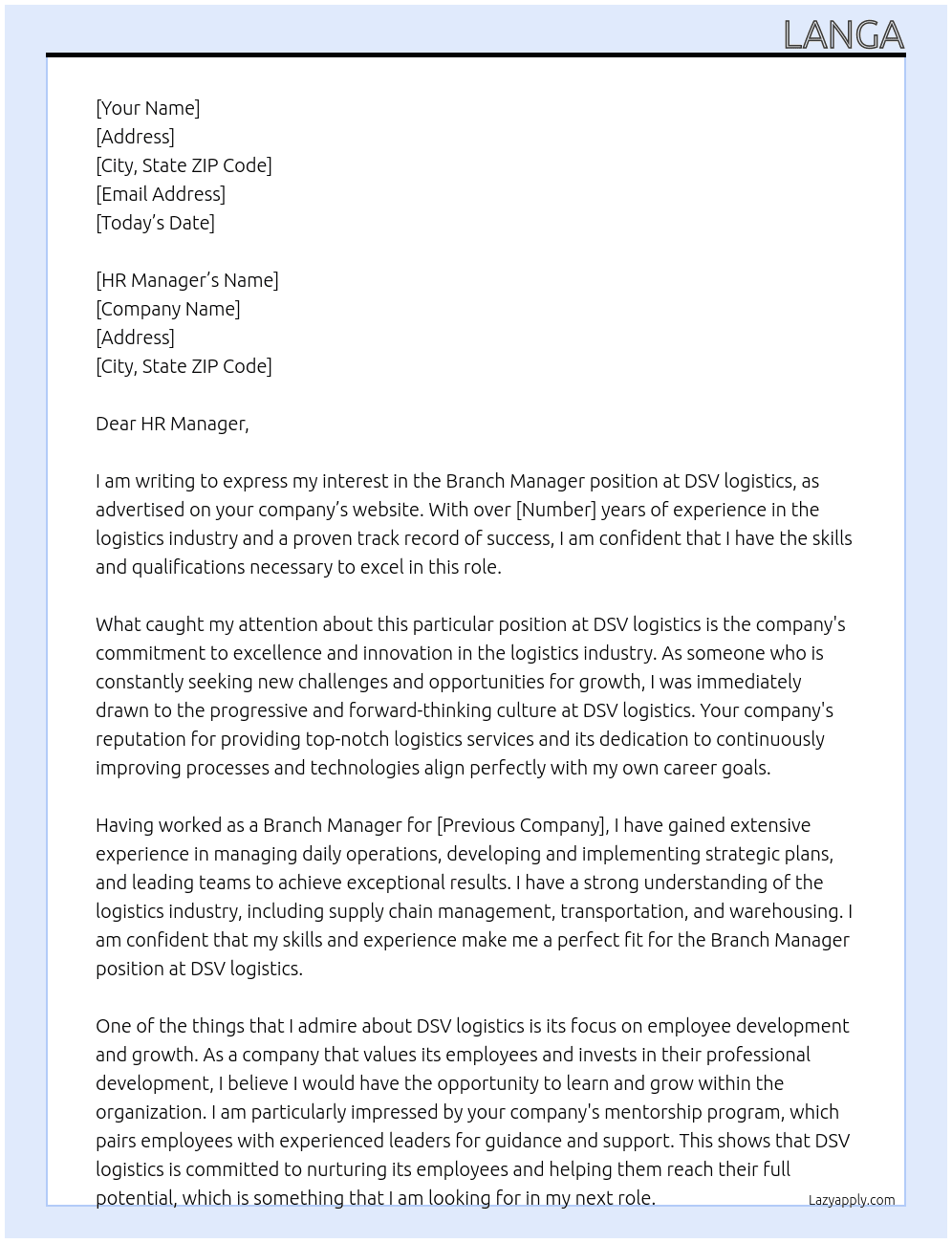 Branch Manager  At DSV logistics Cover Letter