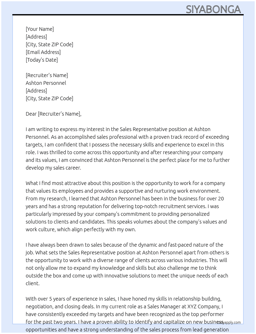 Sales representative  At Ashton personnel  Cover Letter