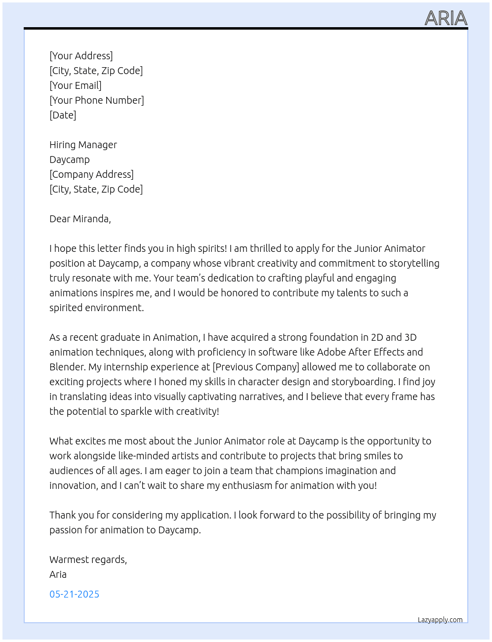 Junior animator  At Daycamp Cover Letter