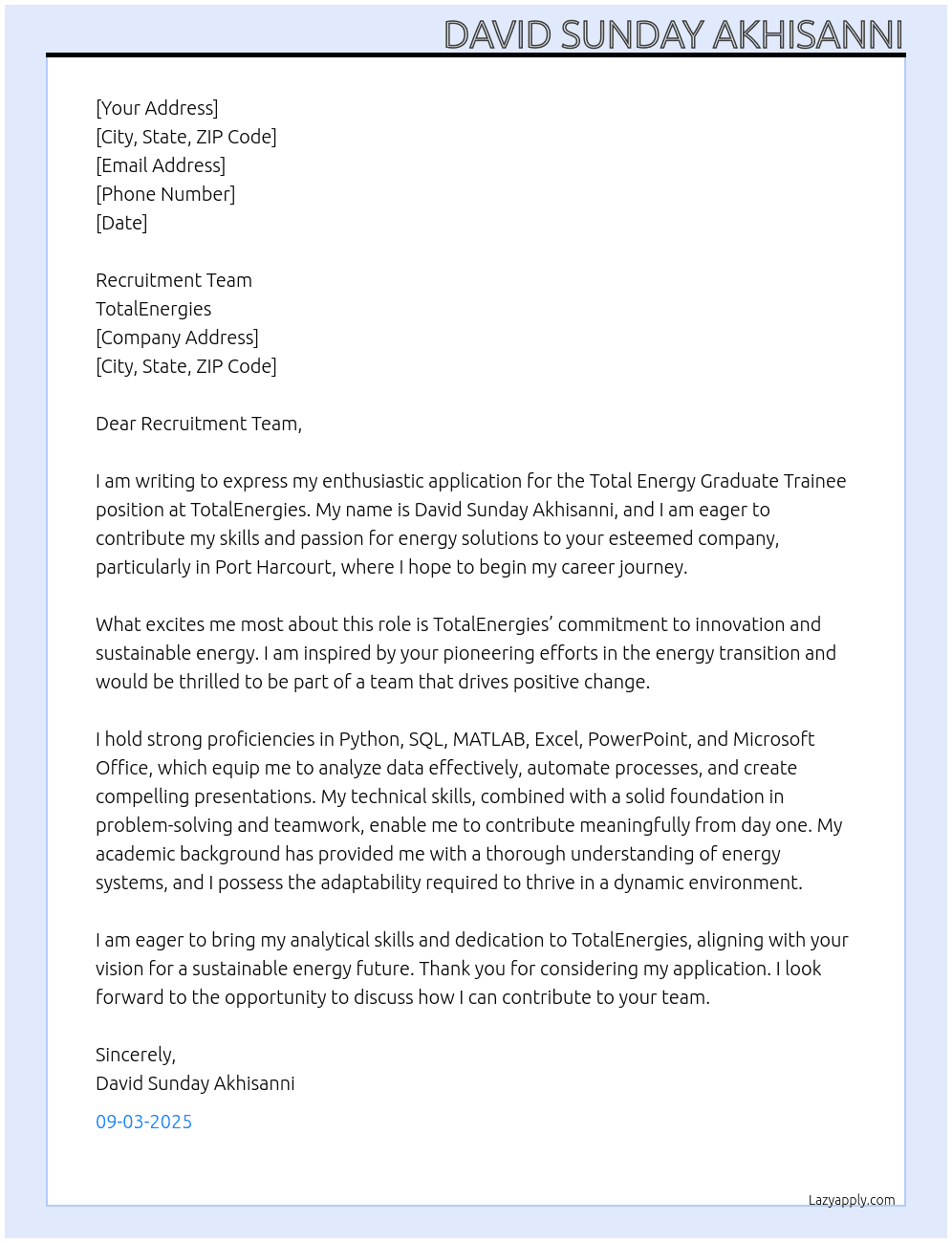 Total Energy Graduate Trainee  At TotalEnergies  Cover Letter