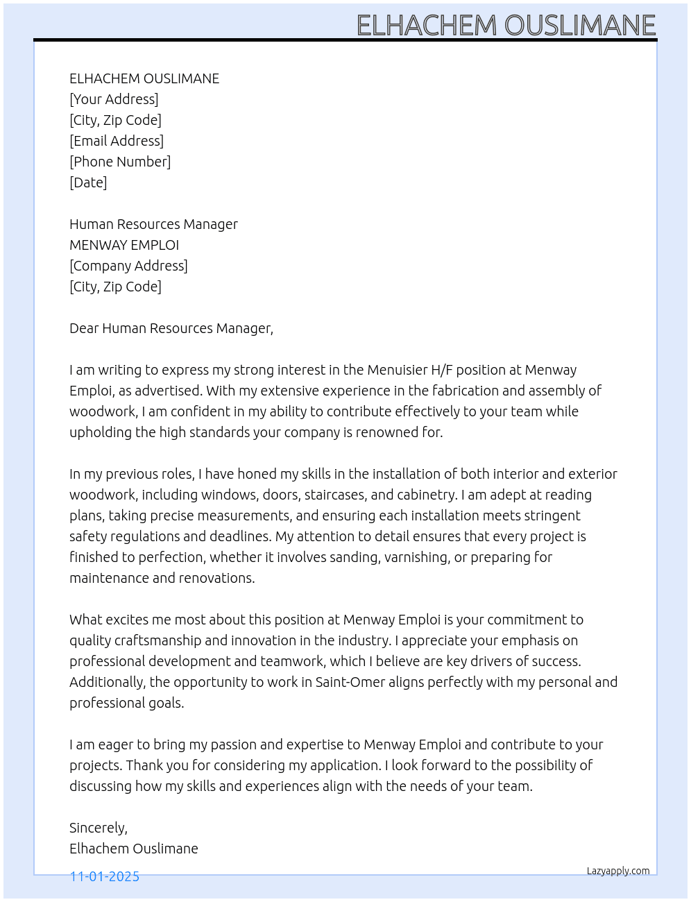 MENUISIER H/F At MENWAY EMPLOI Cover Letter
