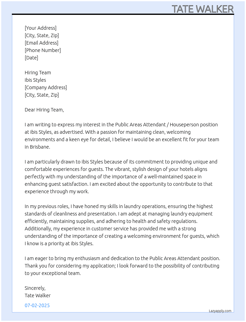 Public Areas Attendant / Houseperson At ibis Styles Cover Letter