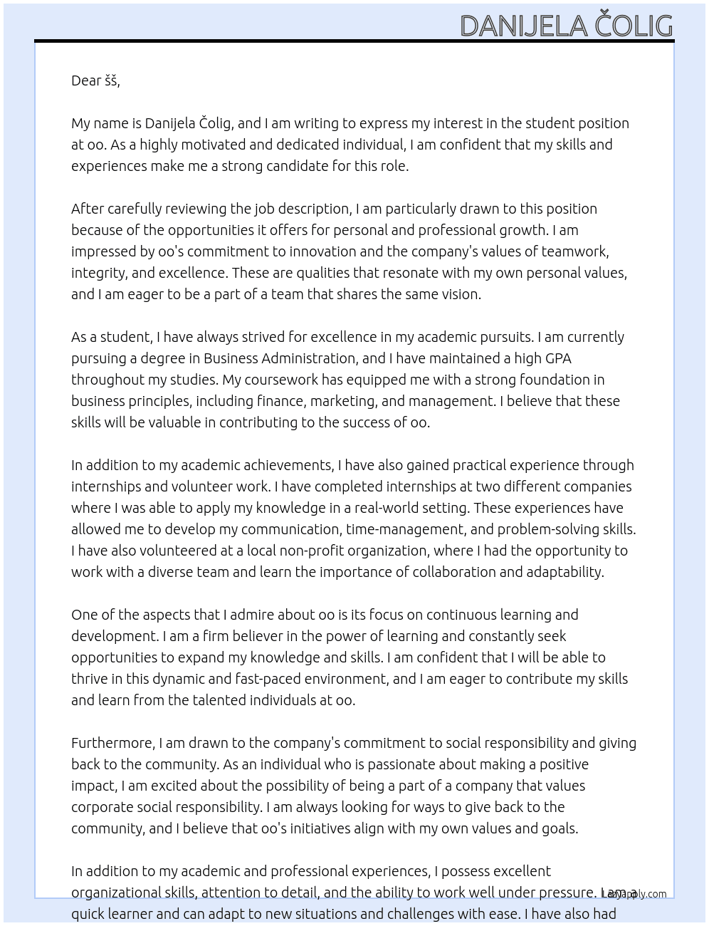 student At oo Cover Letter