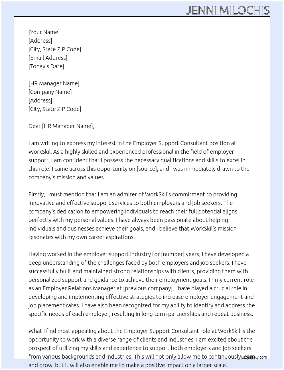 Employer Support Consultant At WorkSkil Cover Letter