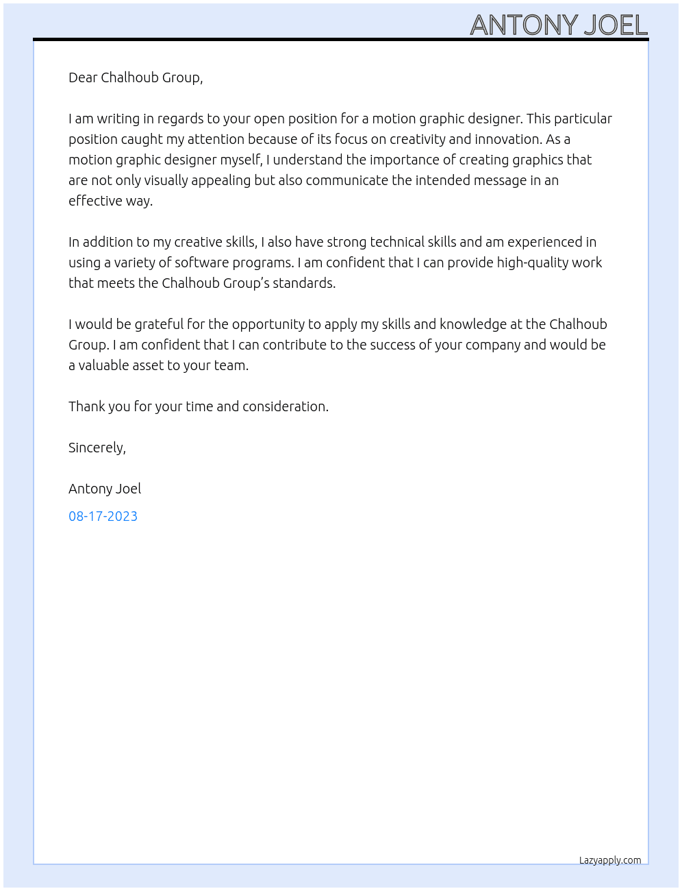 motion graphic designer At Chalhoub Group Cover Letter