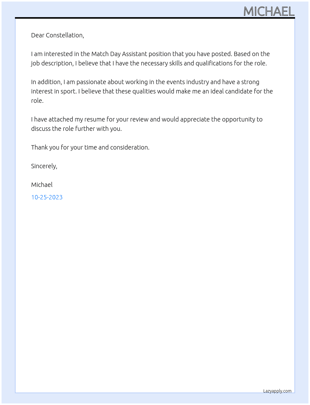 Match Day Assistant At constellation Cover Letter