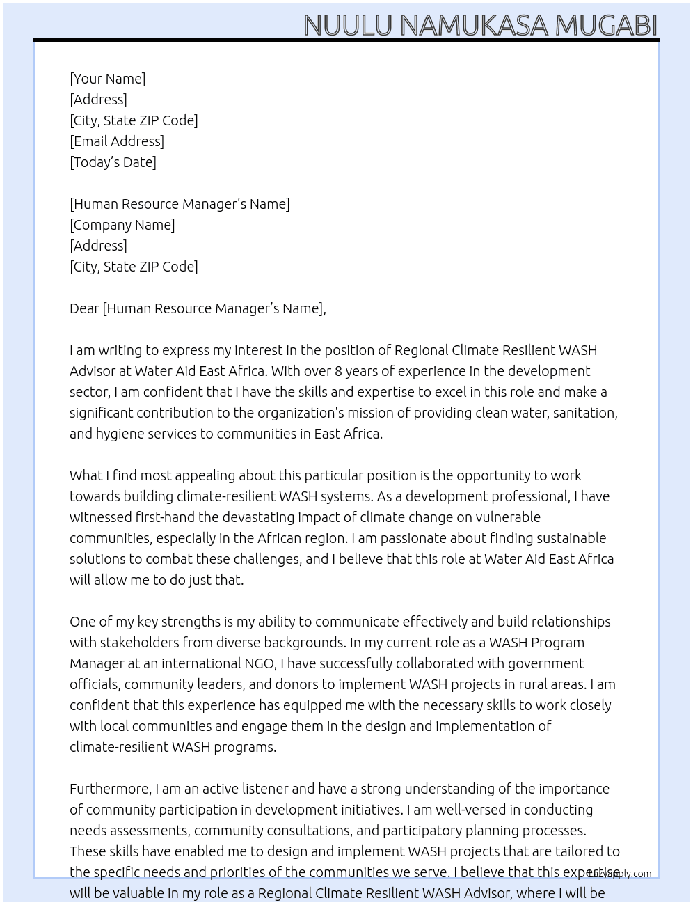 Regional Climate Resilient WASH Advisor At Water Aid East Africa Cover Letter
